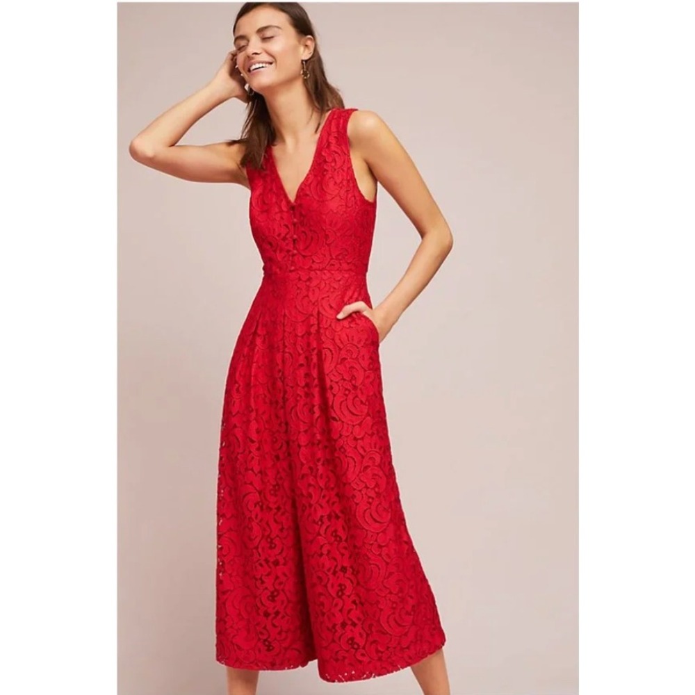 Moulinette Soeurs Red Lace Jumpsuit Sleeveless V-Neck Wide Leg Anthropologie